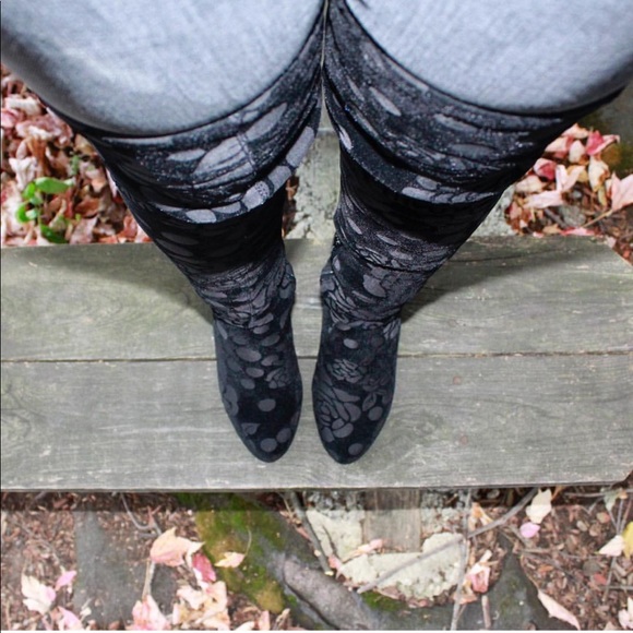 Moonlight Black Floral Velvet Over The Knee Boots - Picture 2 of 7